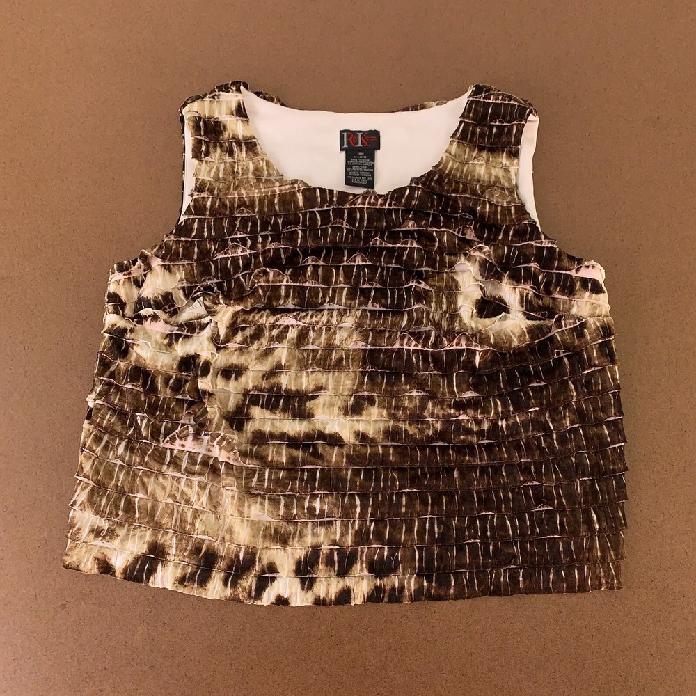 R&K Women's Size 18W Brown Printed Layered Ruffle Scoop Neck Pullover Tank Top
